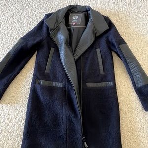 Vince Camuto Navy Blue Faux Leather detail double breasted coat. NWOT